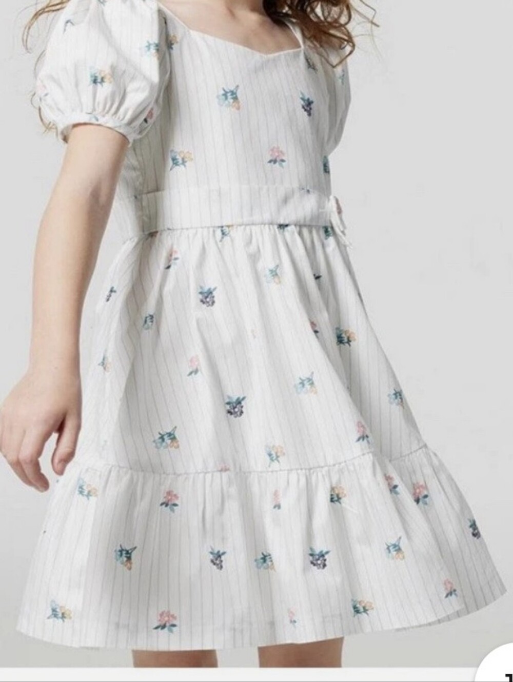 Janie And Jack Kid Girl Floral Dress Striped White/Blue Puff Short Sleeve Summer
